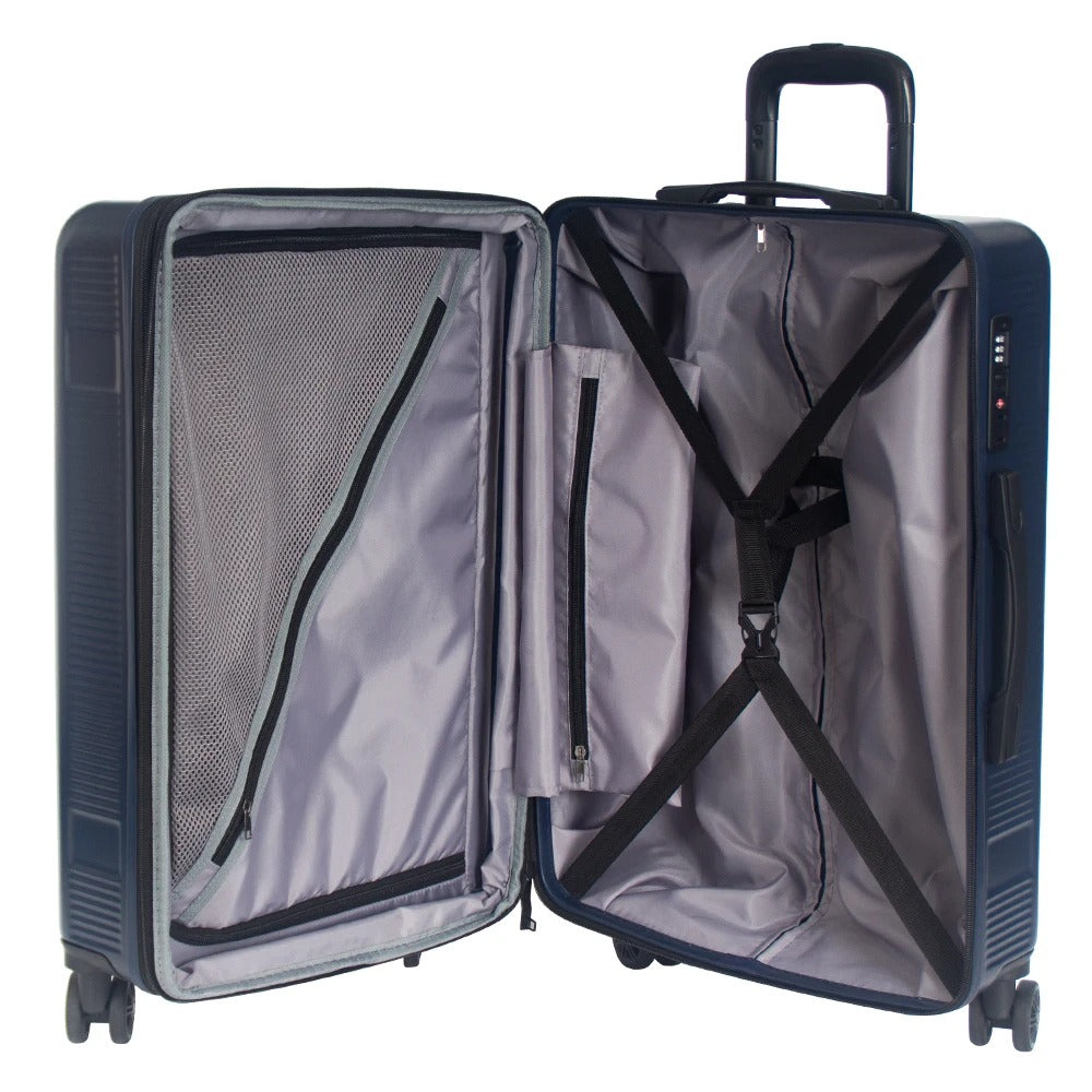 Dark blue hard-shell suitcase with ribbed texture