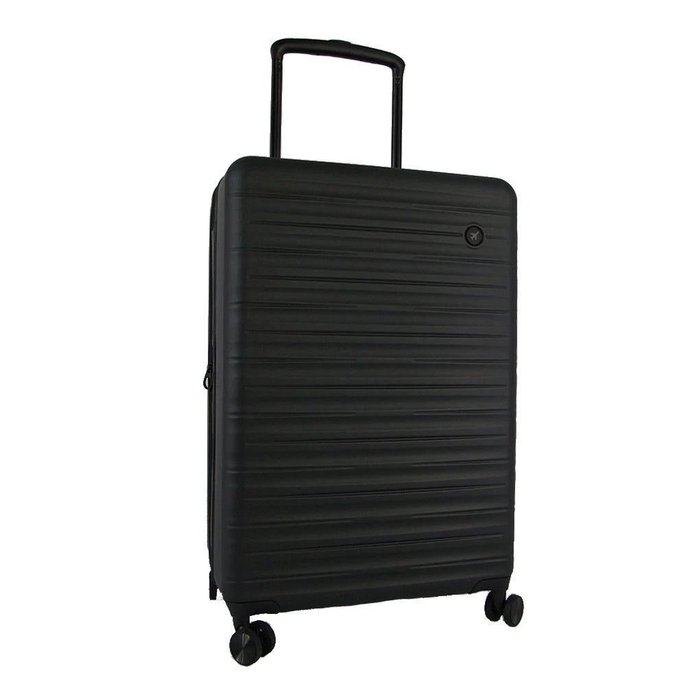Black hard-shell suitcase with ribbed texture and spinner wheels