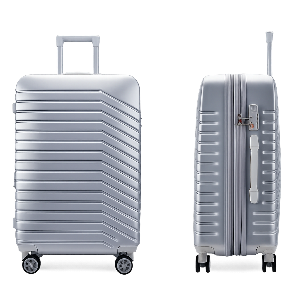 Silver hard-shell suitcase with diagonal lines and spinner wheels