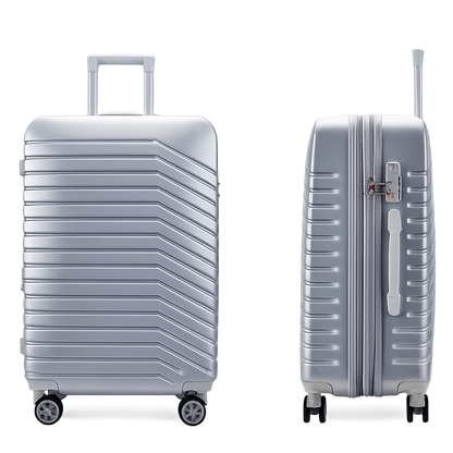 Silver hard-shell suitcase with diagonal lines and spinner wheels