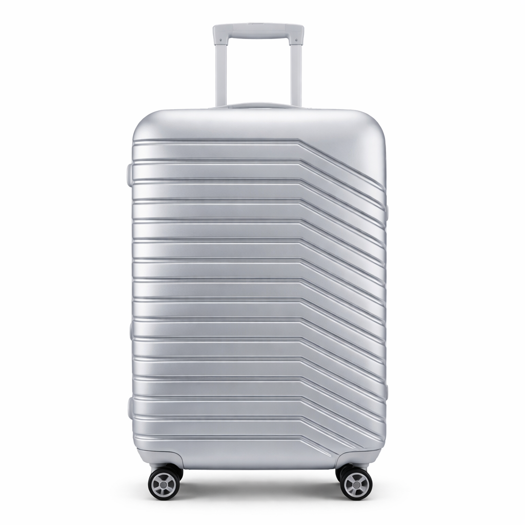 Silver hard-shell suitcase with diagonal lines and spinner wheels