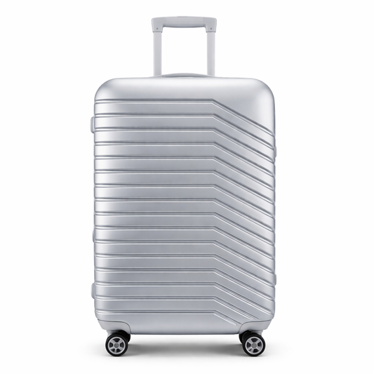 Silver hard-shell suitcase with diagonal lines and spinner wheels
