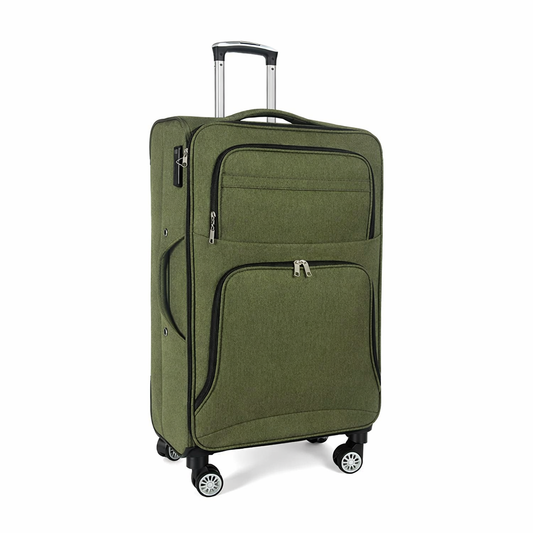 Green soft-shell suitcase with fabric exterior and spinner wheels