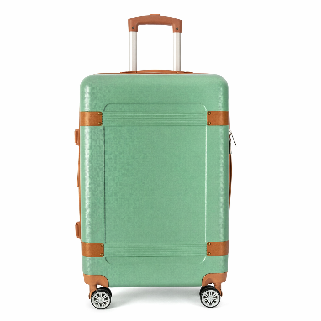 Green 28 inch hard-shell suitcase with brown accents