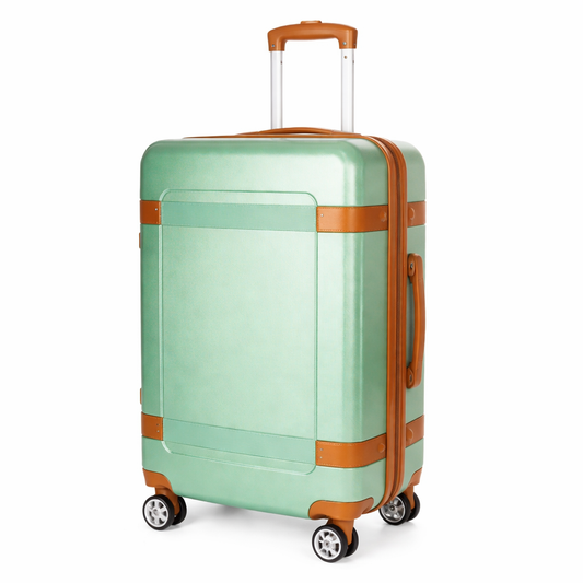 Green 28 inch hard-shell suitcase with brown accents