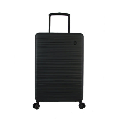 Black hard-shell suitcase with ribbed texture and spinner wheels