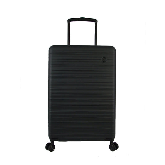 Black hard-shell suitcase with ribbed texture and spinner wheels