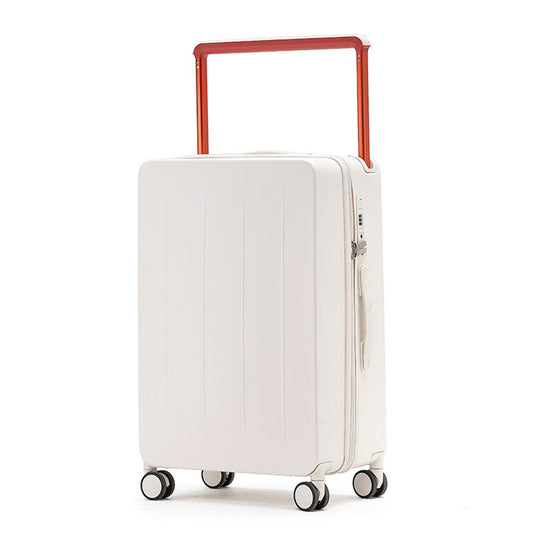 White hard-shell suitcase with USB port and cup holder