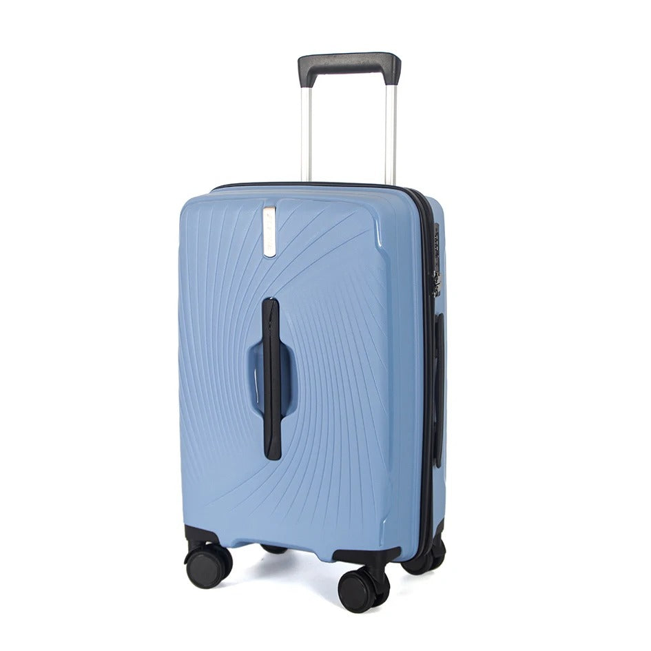Light blue hard-shell suitcase with TSA lock and spinner wheels