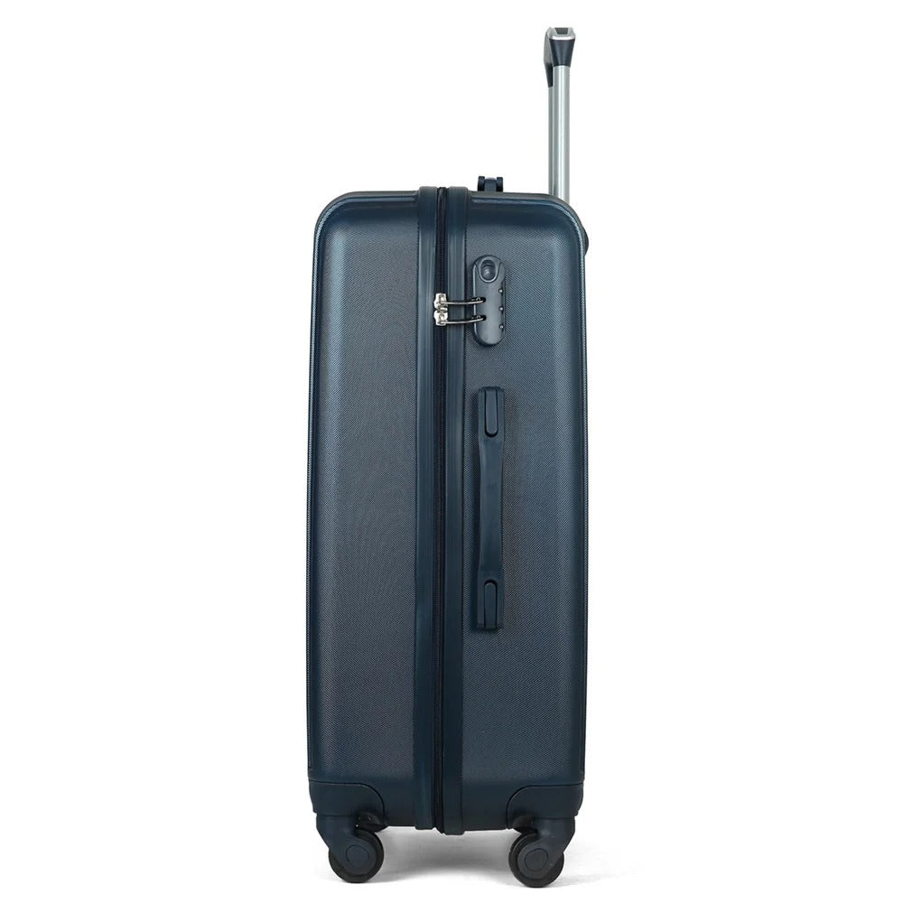 Dark blue hard-shell suitcase with vertical lines and spinner wheels