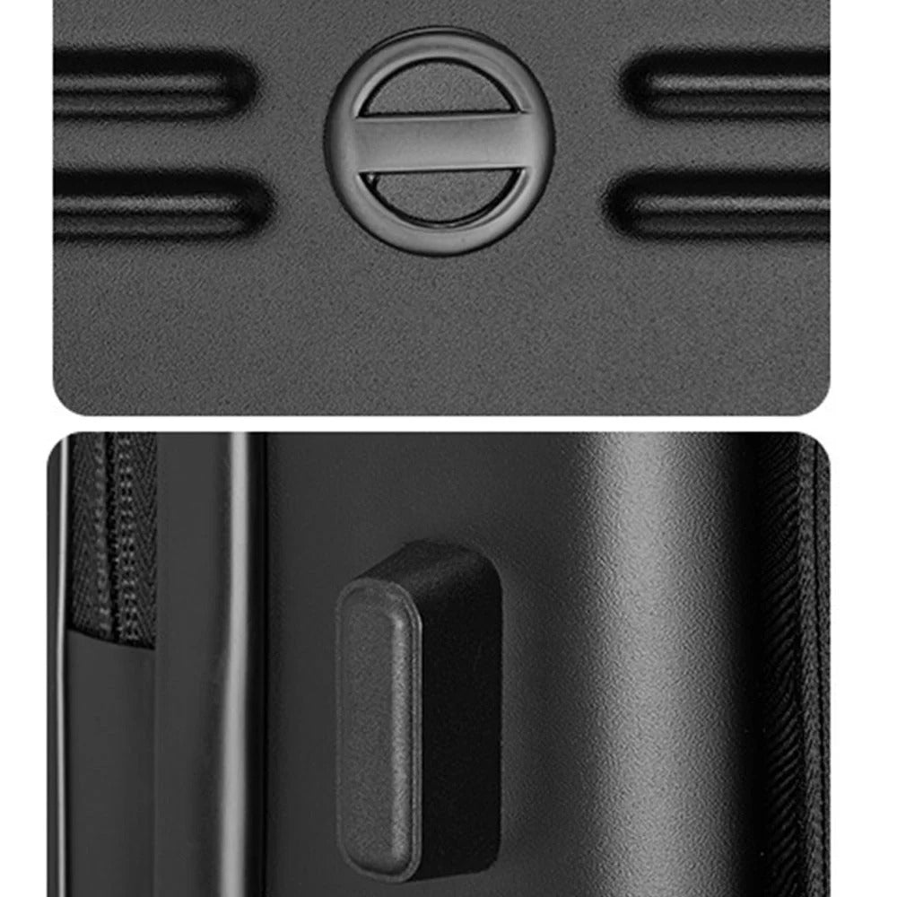 Black hard-shell suitcase with front-opening panel and spinner wheels