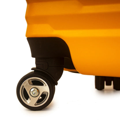 Yellow hard-shell suitcase with ribbed texture and spinner wheels