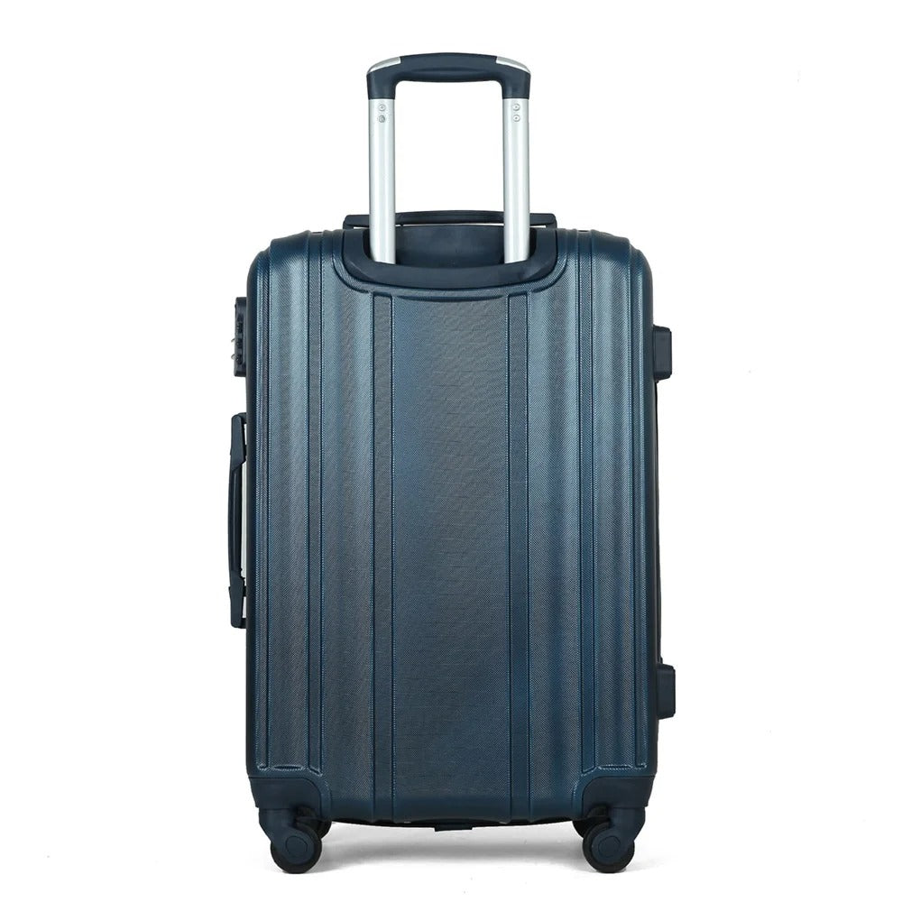 Dark blue hard-shell suitcase with vertical lines and spinner wheels