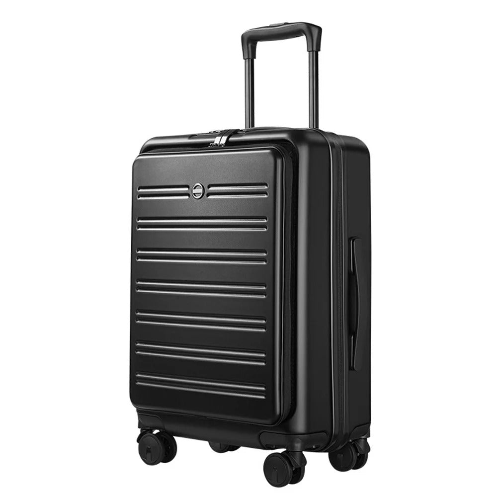 Black hard-shell suitcase with front-opening panel and spinner wheels