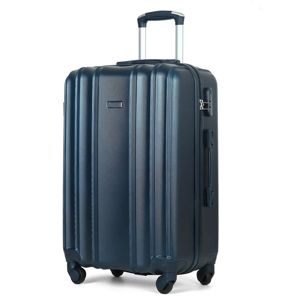 Dark blue hard-shell suitcase with vertical lines and spinner wheels