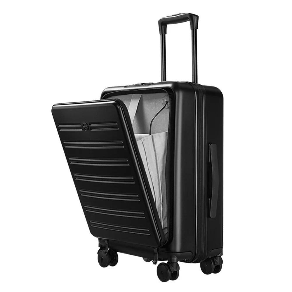 Black hard-shell suitcase with front-opening panel and spinner wheels