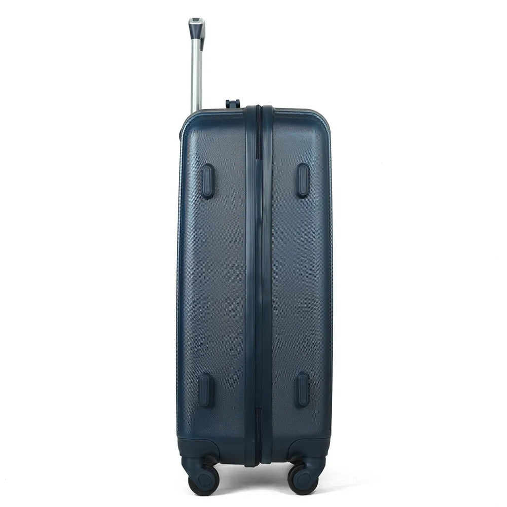 Dark blue hard-shell suitcase with vertical lines and spinner wheels
