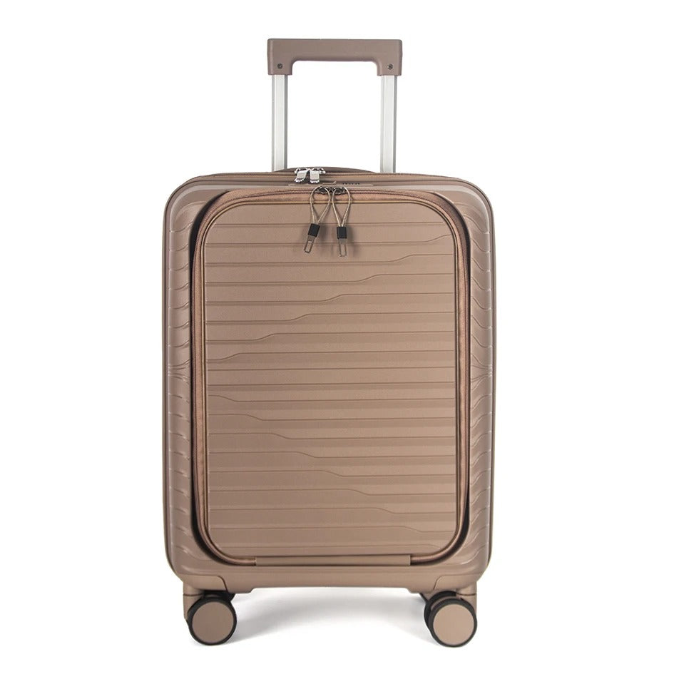 Beige hard-shell suitcase with front opening panel