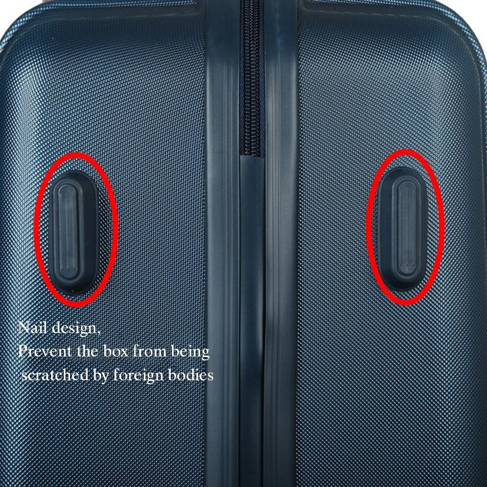 Dark blue hard-shell suitcase with vertical lines and spinner wheels