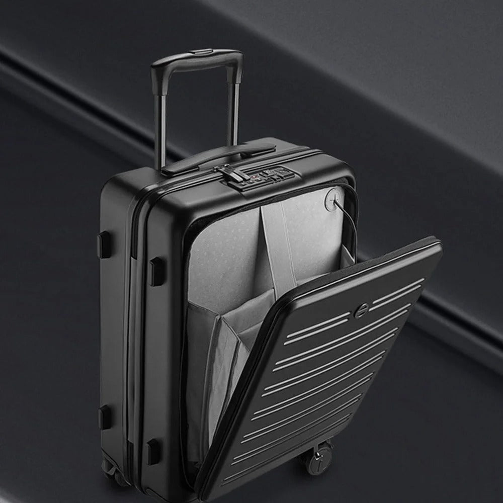 Black hard-shell suitcase with front-opening panel and spinner wheels
