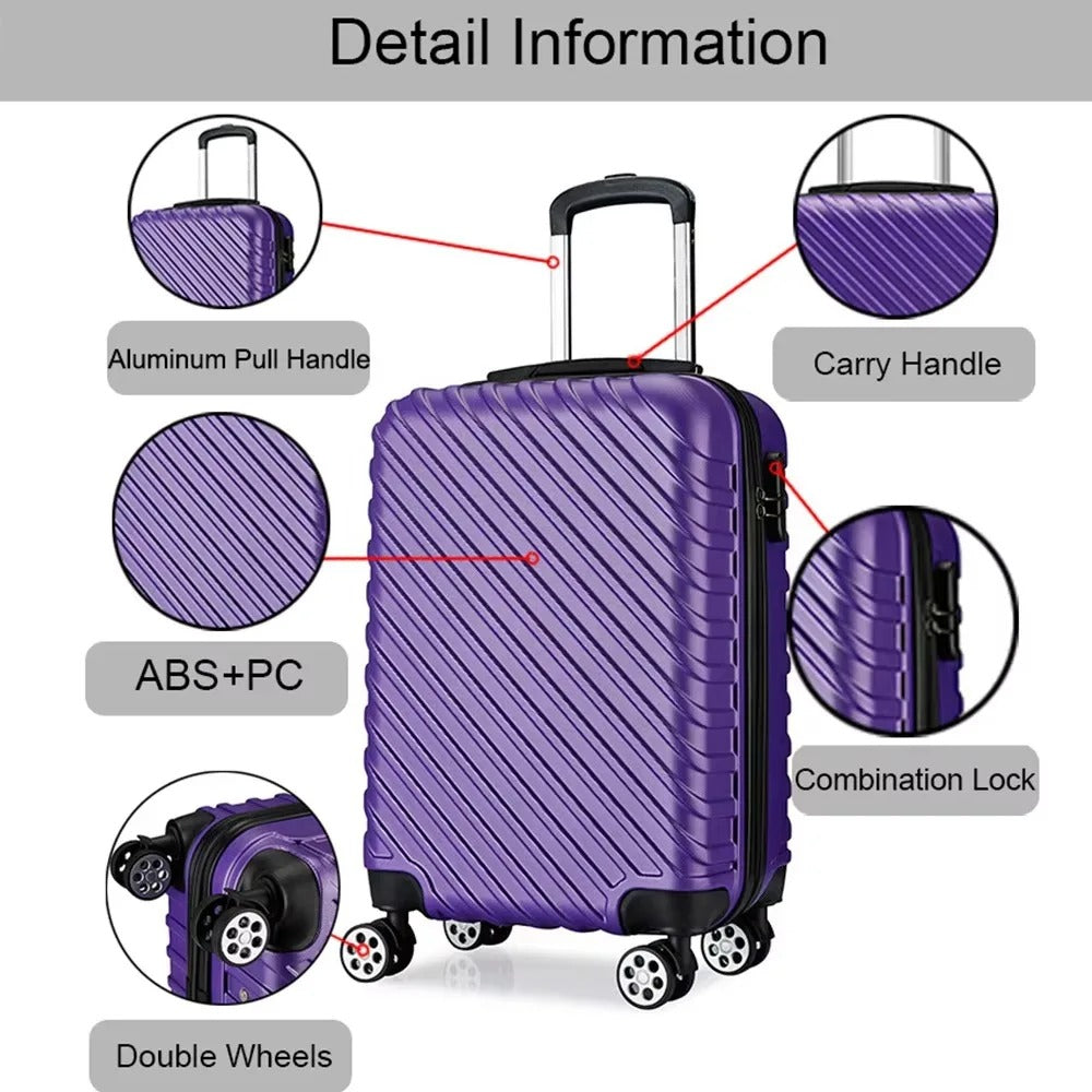 Purple hard-shell suitcase set with diagonal lines and spinner wheels
