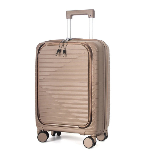 Beige hard-shell suitcase with front opening panel