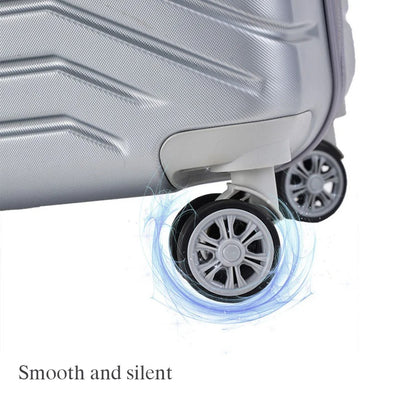 Silver hard-shell suitcase with diagonal lines and spinner wheels