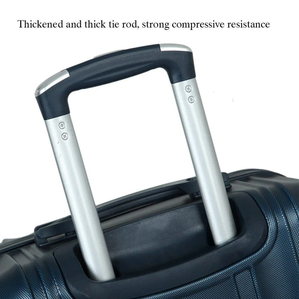 Dark blue hard-shell suitcase with vertical lines and spinner wheels