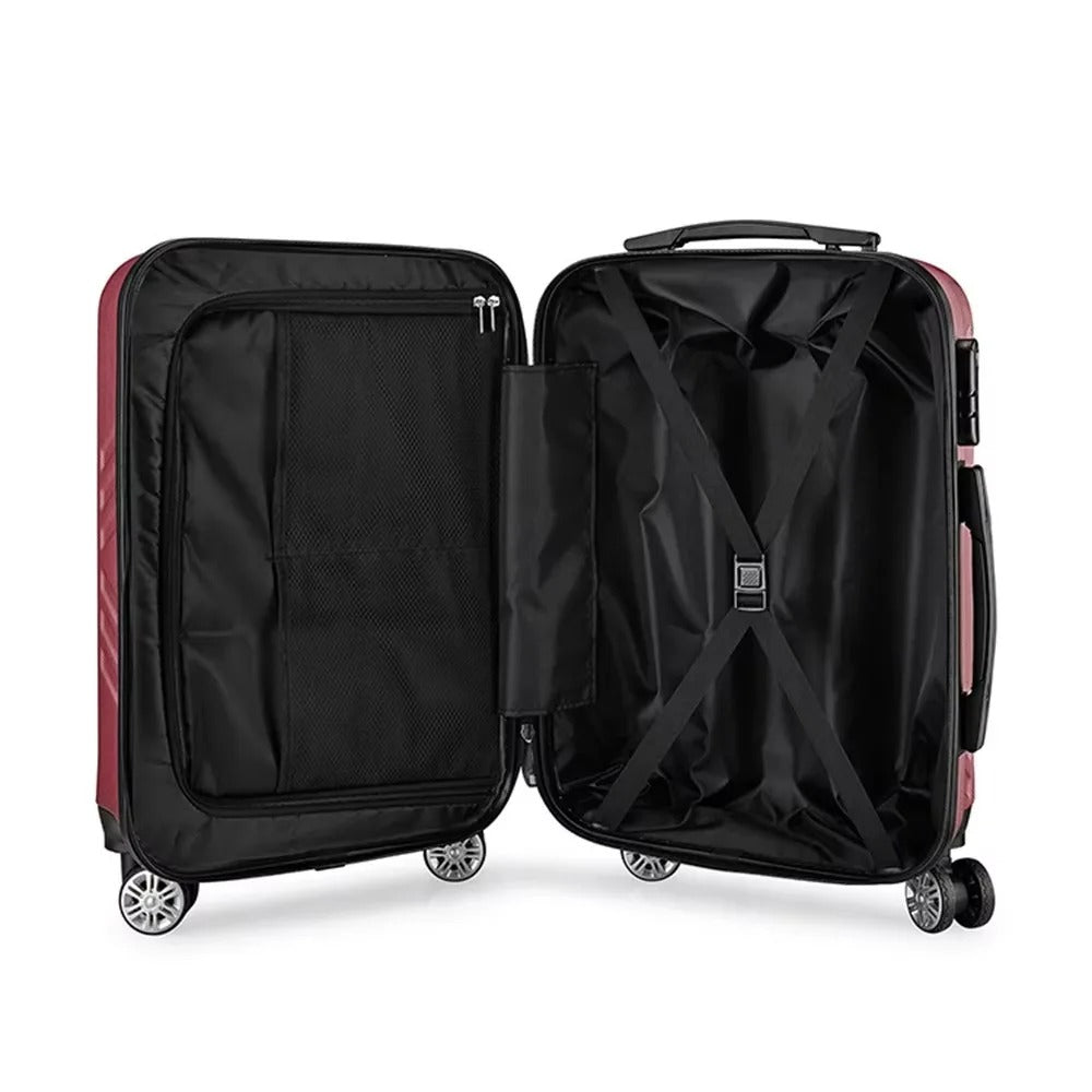 Purple hard-shell suitcase set with diagonal lines and spinner wheels