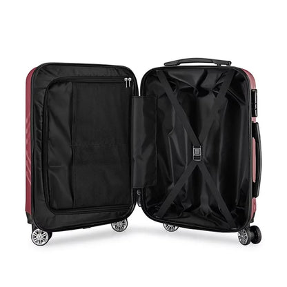 Purple hard-shell suitcase set with diagonal lines and spinner wheels