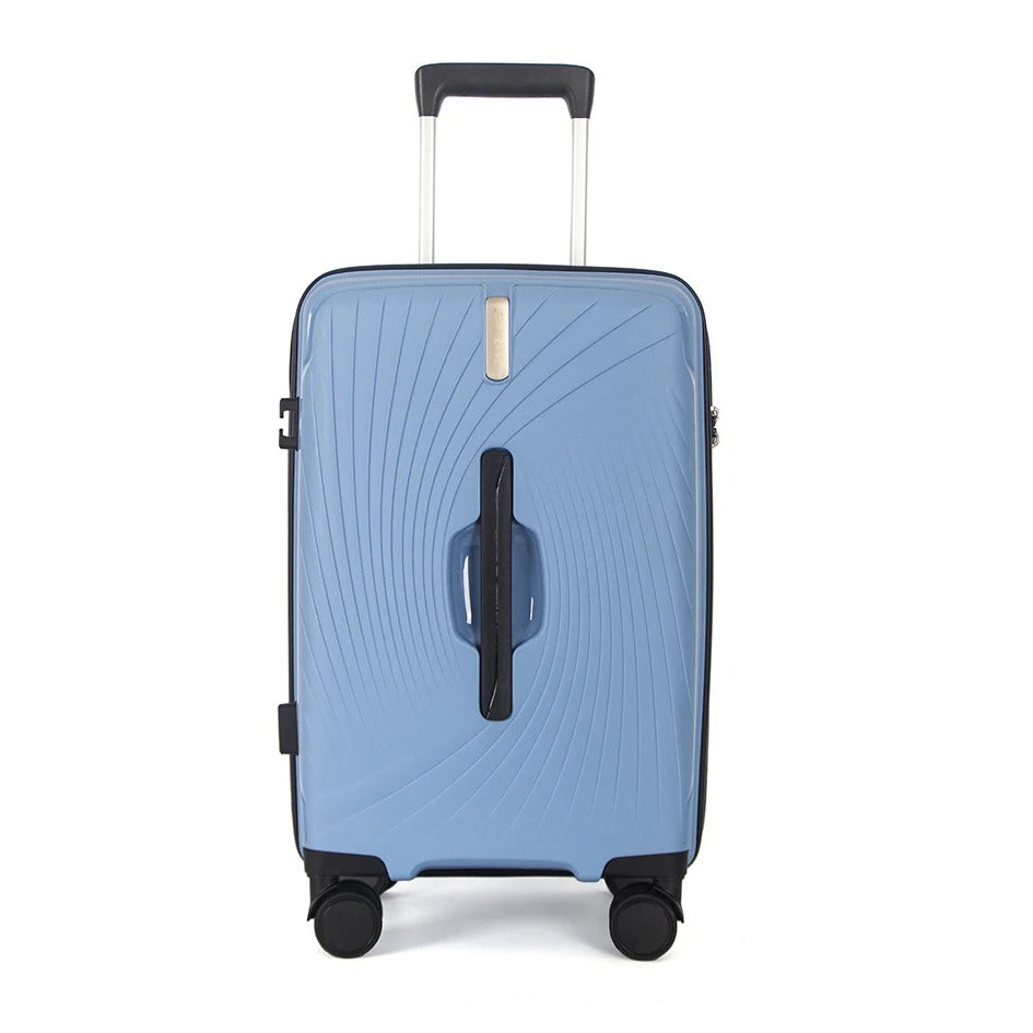 Light blue hard-shell suitcase with TSA lock and spinner wheels