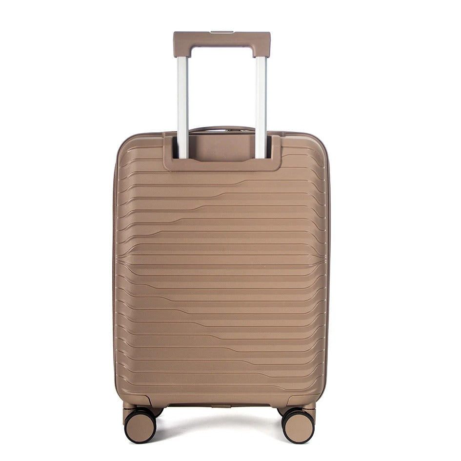 Beige hard-shell suitcase with front opening panel