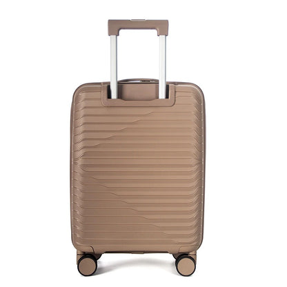 Beige hard-shell suitcase with front opening panel