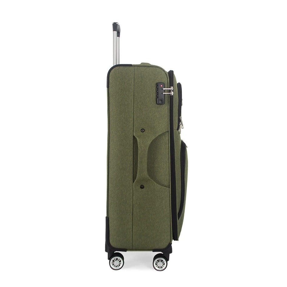 Green soft-shell suitcase with fabric exterior and spinner wheels