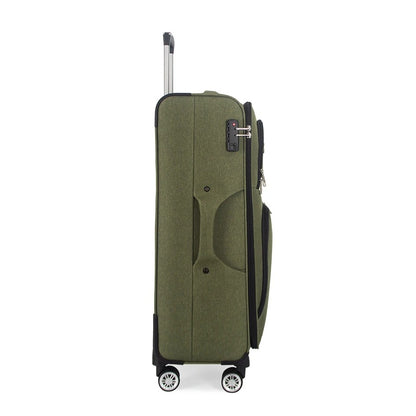 Green soft-shell suitcase with fabric exterior and spinner wheels