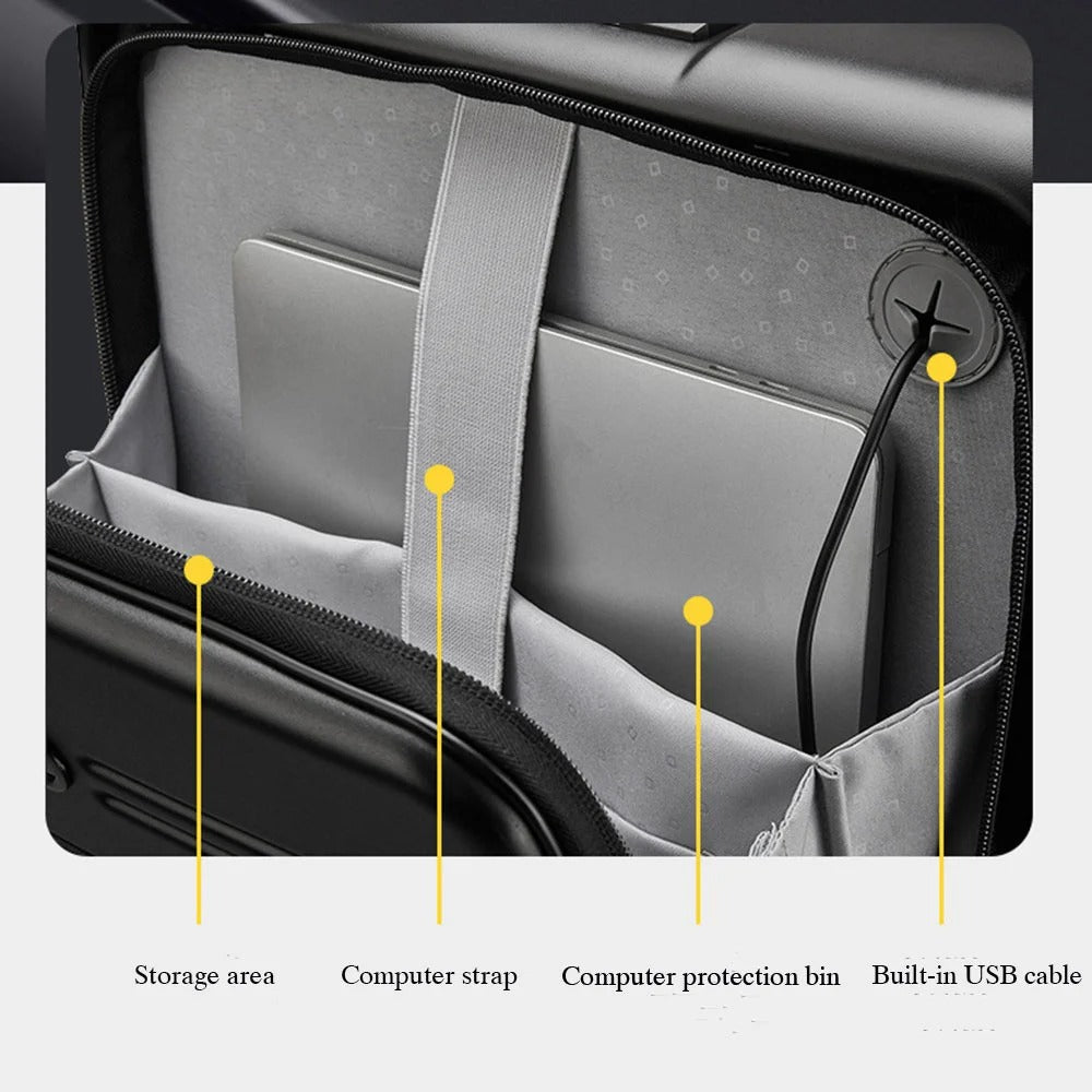 Black hard-shell suitcase with front-opening panel and spinner wheels