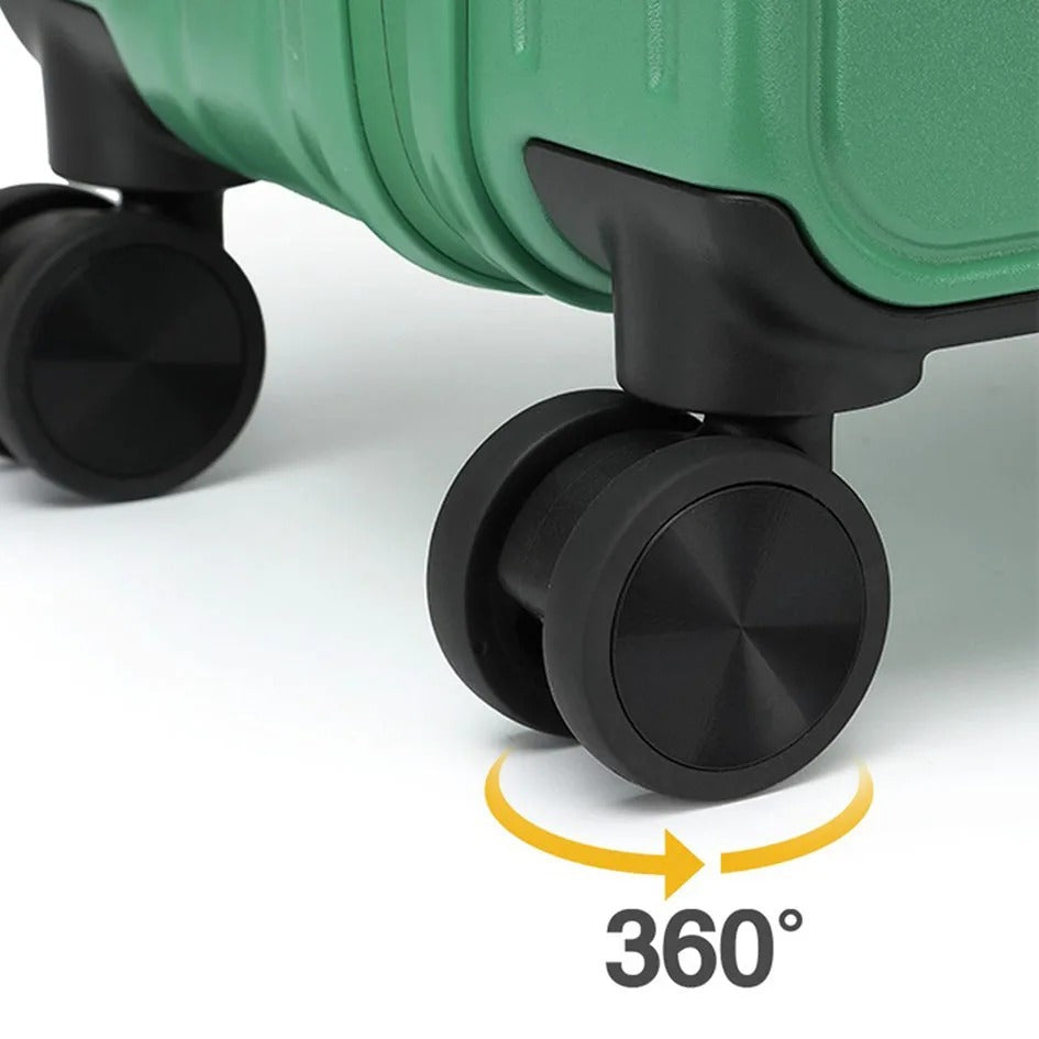 Green hard-shell suitcase with smooth panels and spinner wheels