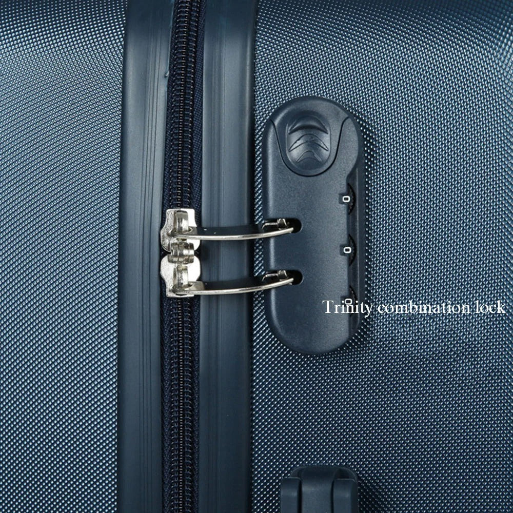 Dark blue hard-shell suitcase with vertical lines and spinner wheels