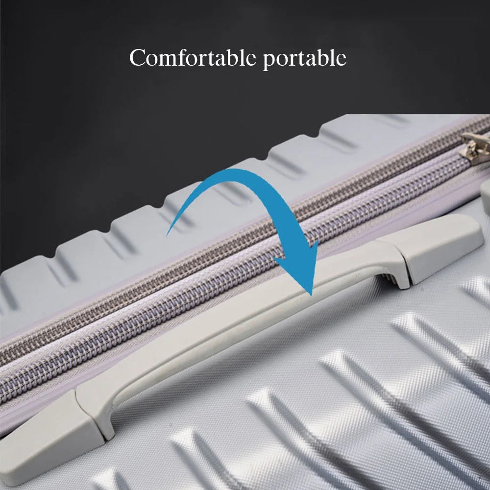 Silver hard-shell suitcase with diagonal lines and spinner wheels