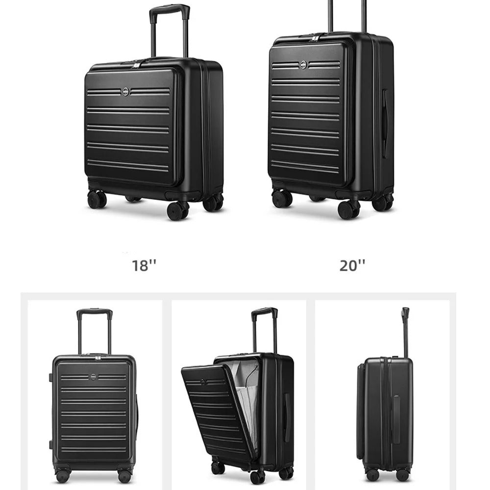 Black hard-shell suitcase with front-opening panel and spinner wheels