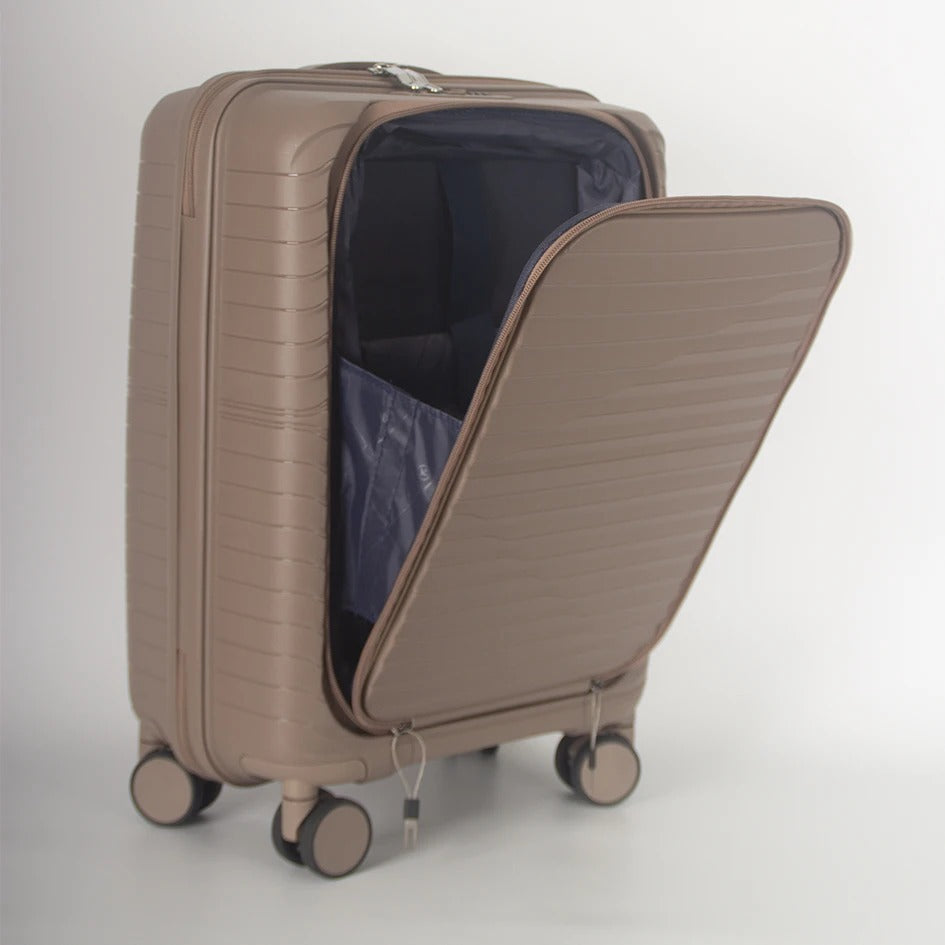 Beige hard-shell suitcase with front opening panel