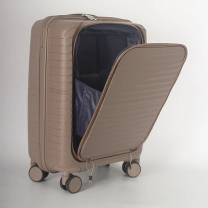 Beige hard-shell suitcase with front opening panel