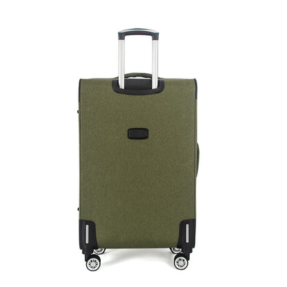 Green soft-shell suitcase with fabric exterior and spinner wheels