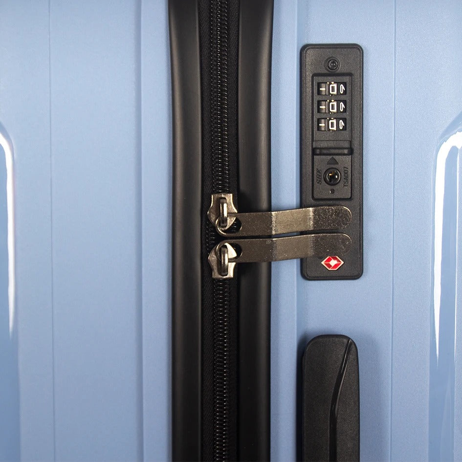 Light blue hard-shell suitcase with TSA lock and spinner wheels