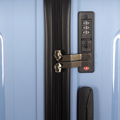 Light blue hard-shell suitcase with TSA lock and spinner wheels