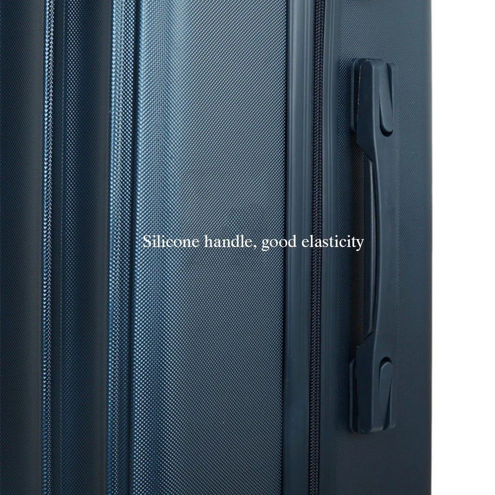 Dark blue hard-shell suitcase with vertical lines and spinner wheels