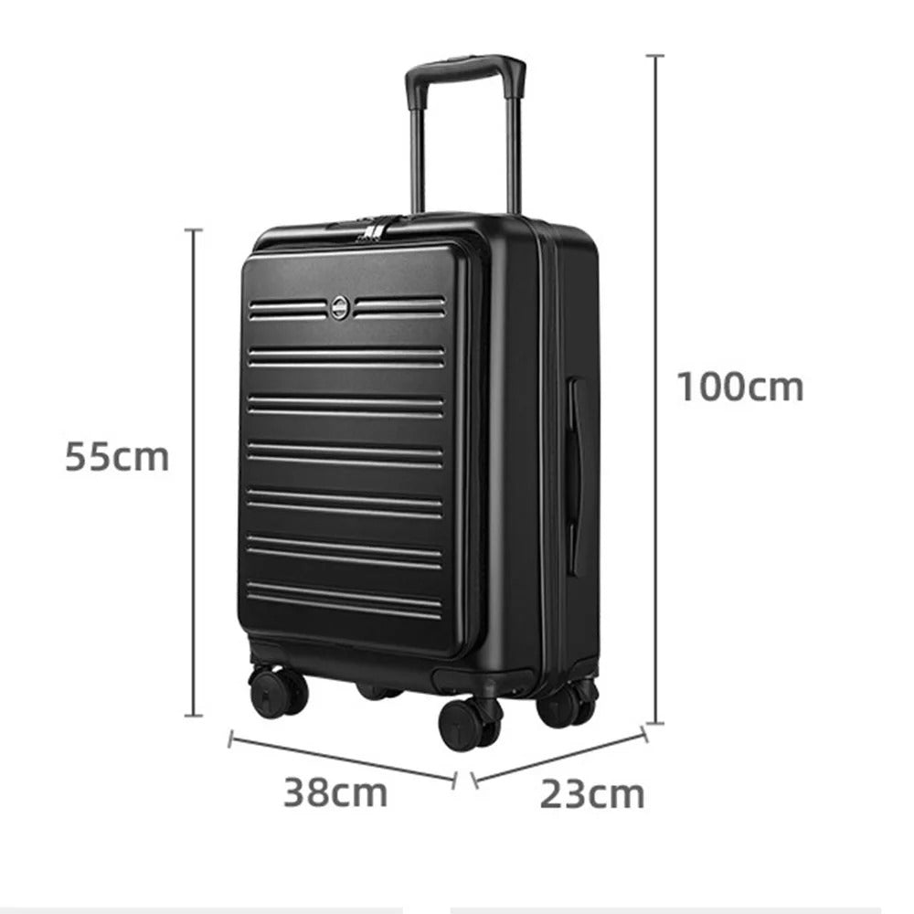 Black hard-shell suitcase with front-opening panel and spinner wheels
