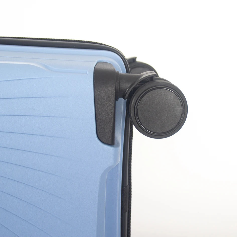 Light blue hard-shell suitcase with TSA lock and spinner wheels