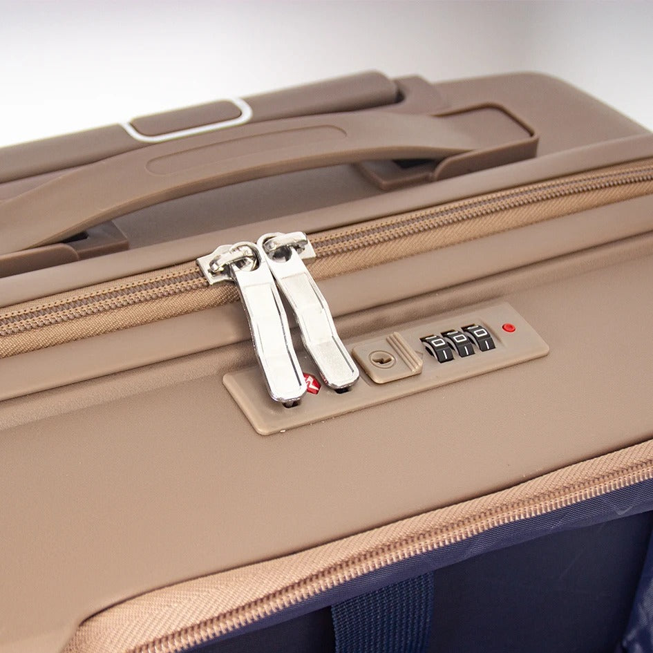 Beige hard-shell suitcase with front opening panel