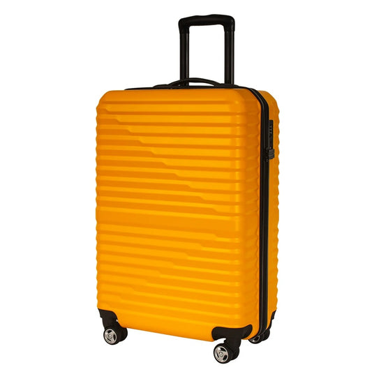 Yellow hard-shell suitcase with ribbed texture and spinner wheels